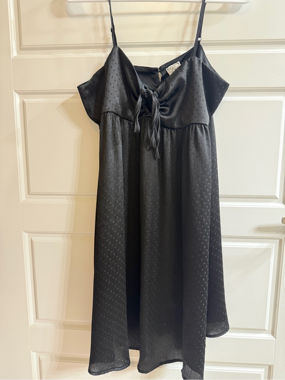 Black Satin Tie-Front Mini Dress with Delicate Dot Texture